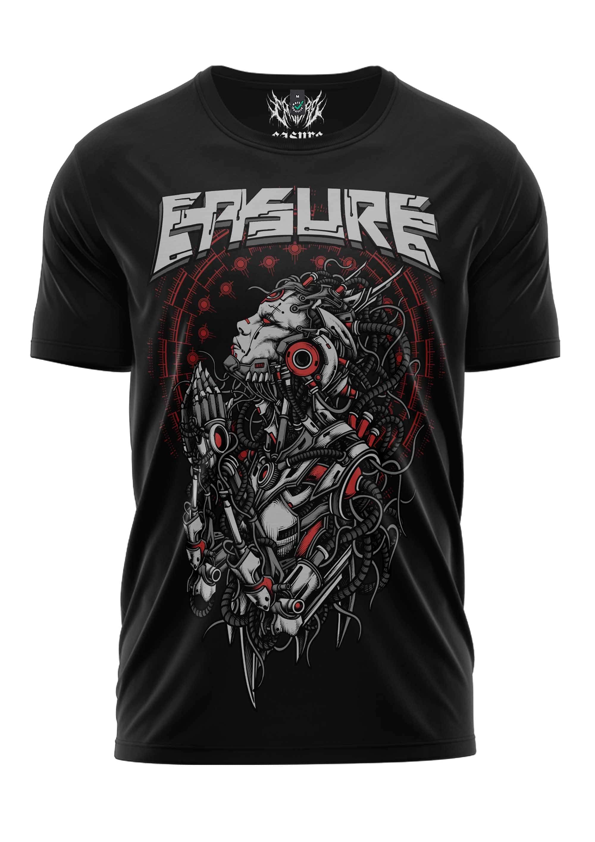 Schweres unisex t-shirt mecha in schwarz mit cybernetischem löwengrafikdruck in rotem und silbernem akzent aus strapazierfähigem stoff